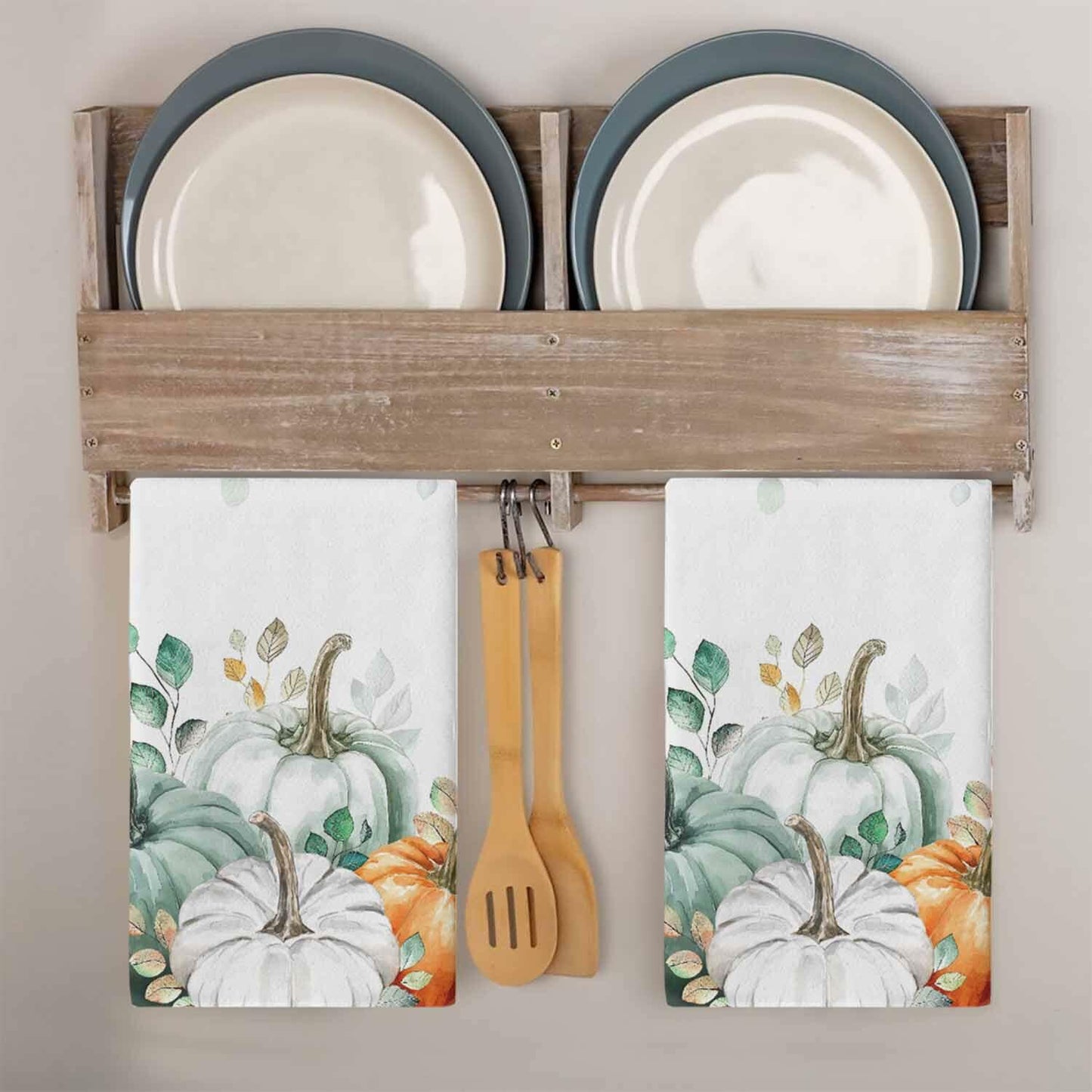 Thanksgiving Green Pumpkin Kitchen Towels Set of 2 18x28 Fall Decor Absorbent