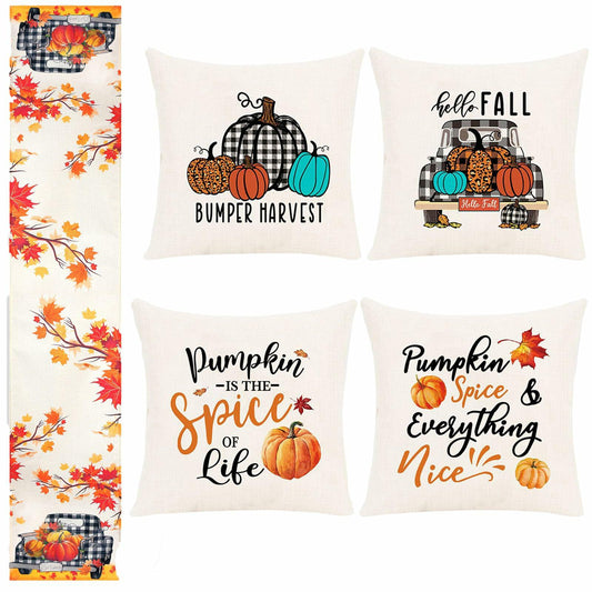 Soyezletop Thanksgiving Decor Set 5pcs Pillows 18x18in & Table Runner