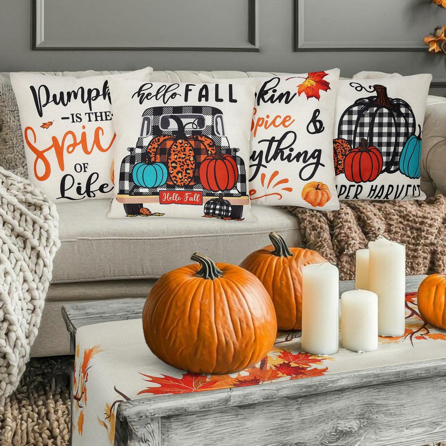 Soyezletop Thanksgiving Decor Set 5pcs Pillows 18x18in & Table Runner