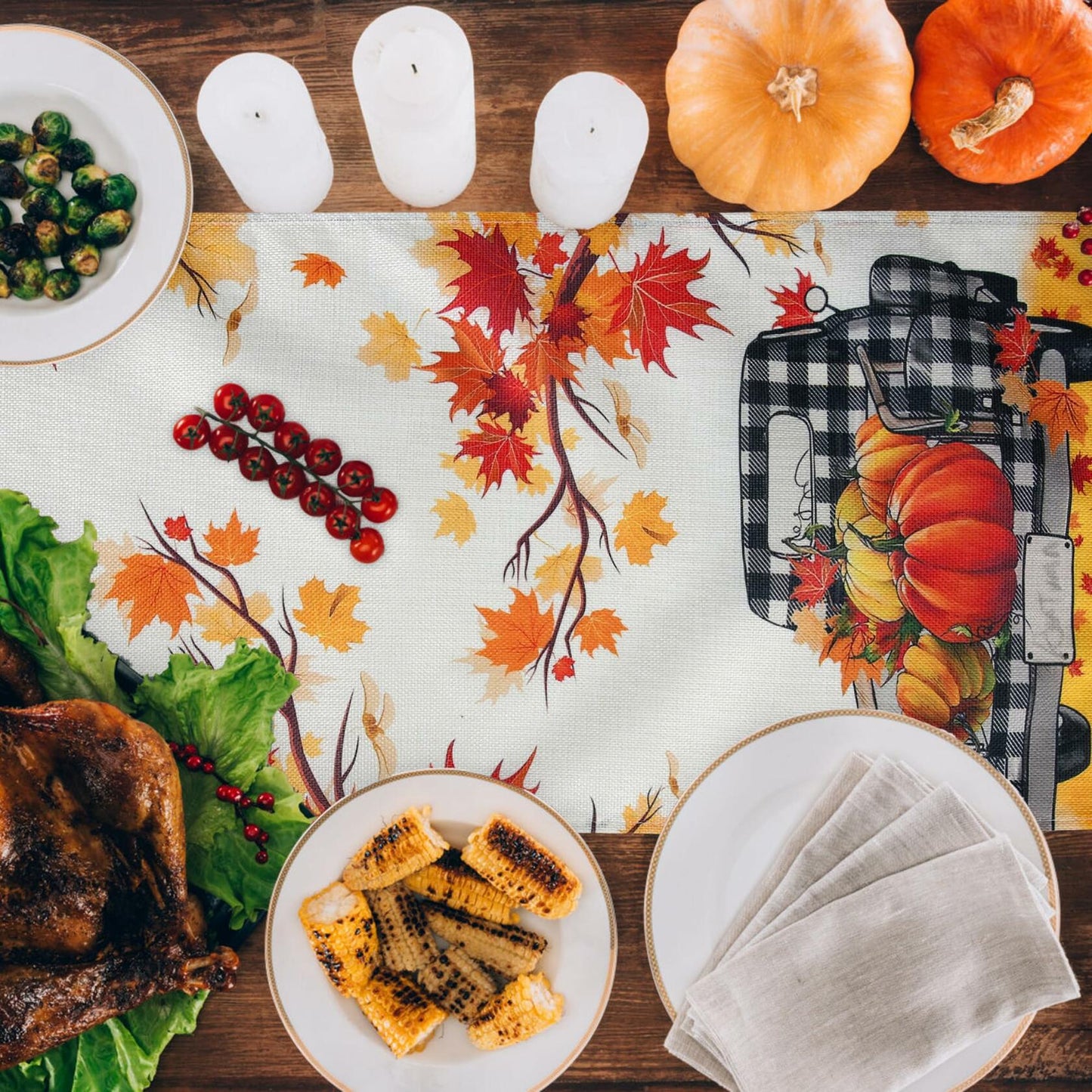 Soyezletop Thanksgiving Decor Set 5pcs Pillows 18x18in & Table Runner