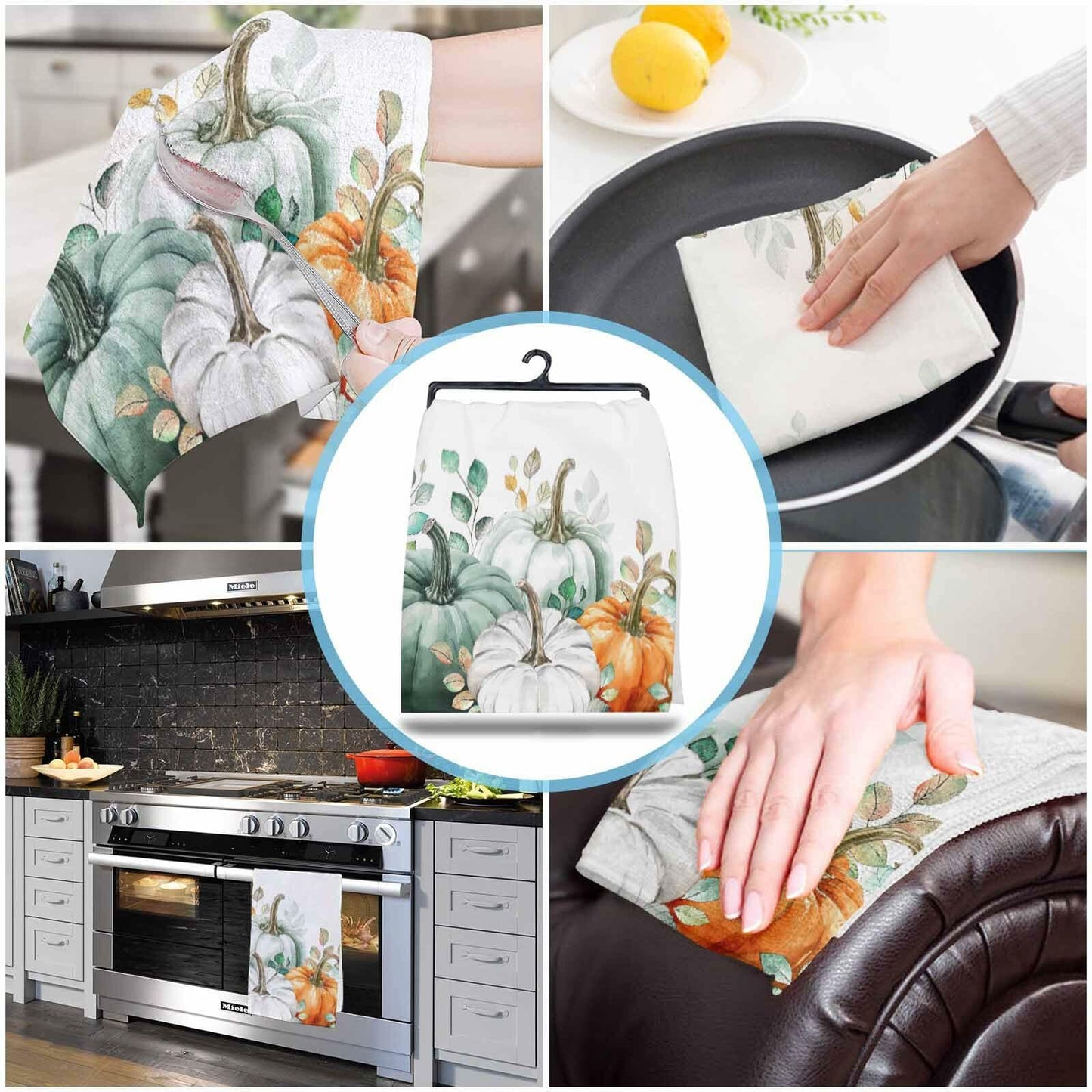 Thanksgiving Green Pumpkin Kitchen Towels Set of 2 18x28 Fall Decor Absorbent