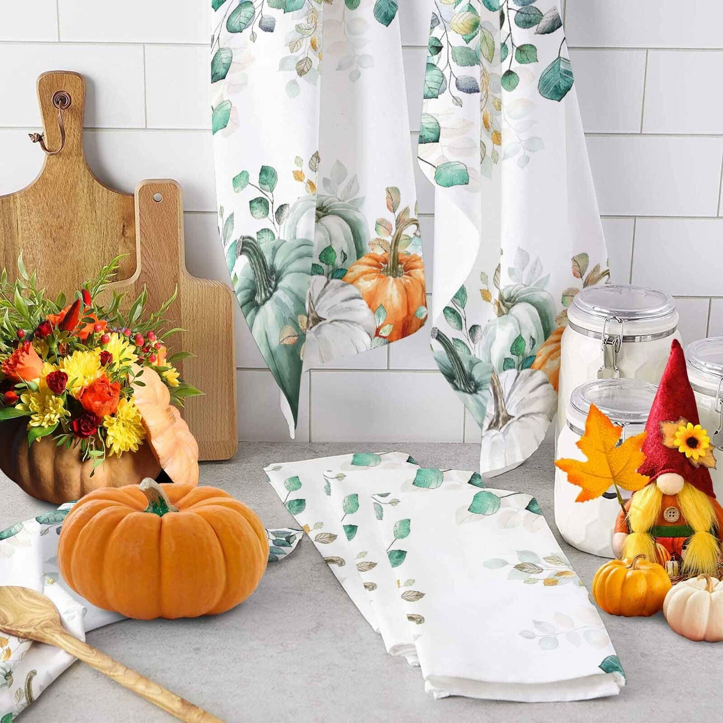 Thanksgiving Green Pumpkin Kitchen Towels Set of 2 18x28 Fall Decor Absorbent