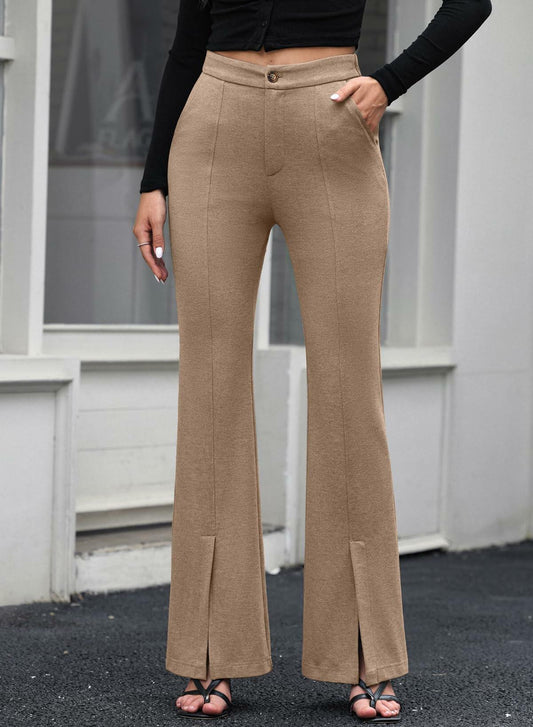 EVALESS Women's Khaki High Waisted Stretchy Flared Work Pants Medium