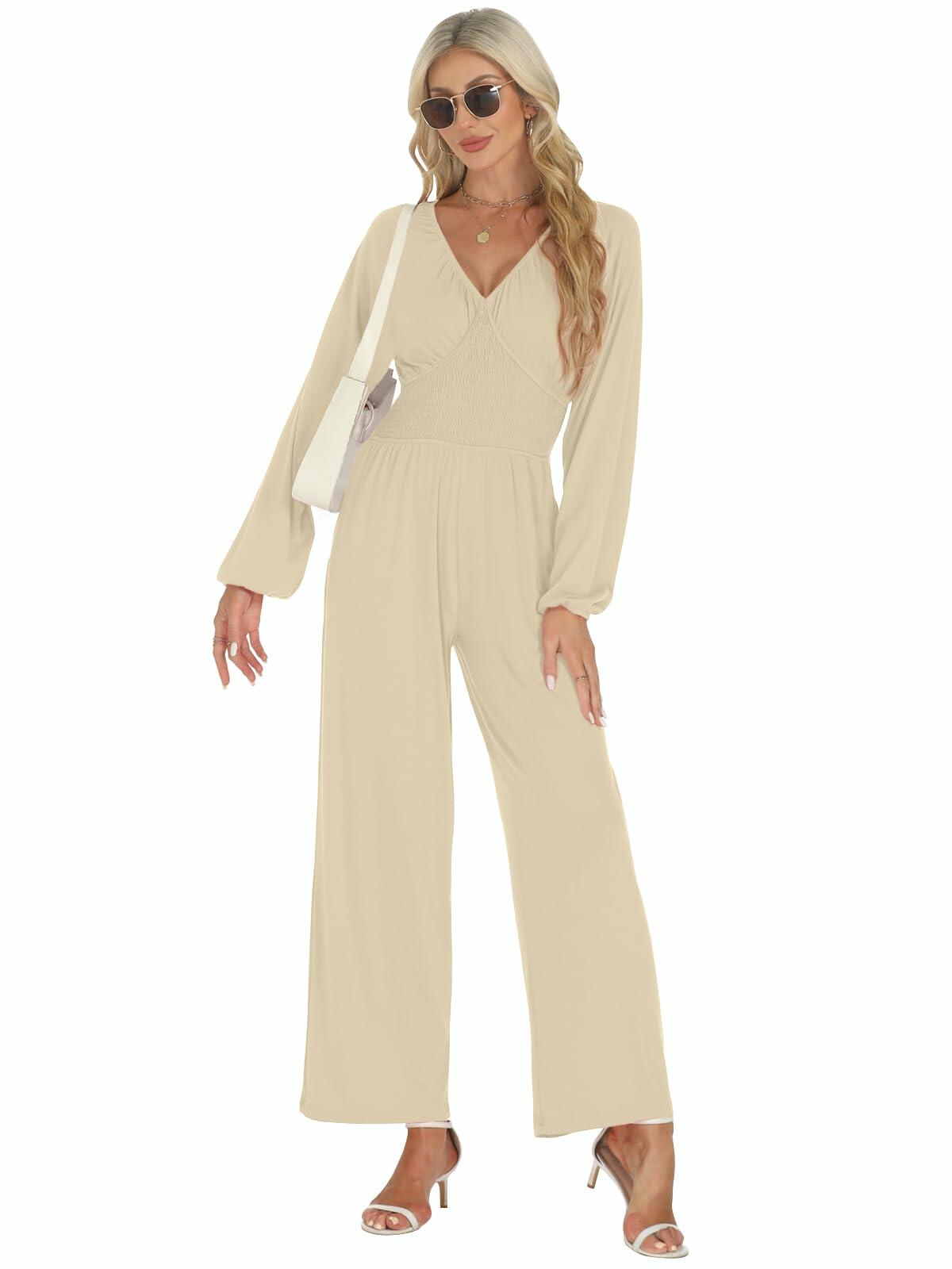 Tanou 2024 Women's Rose Red Smocked Long Sleeve Jumpsuit Romper L