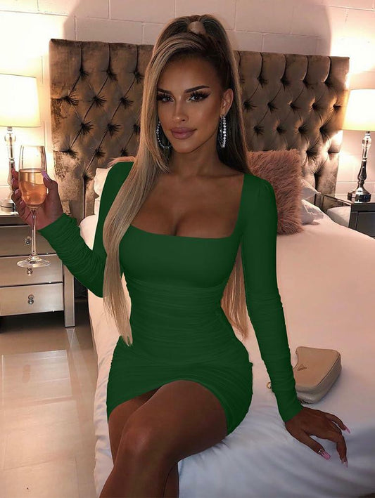 XXTAXN Women's Sexy Bodycon Long Sleeve Backless Party Mini Dress Green Size M
