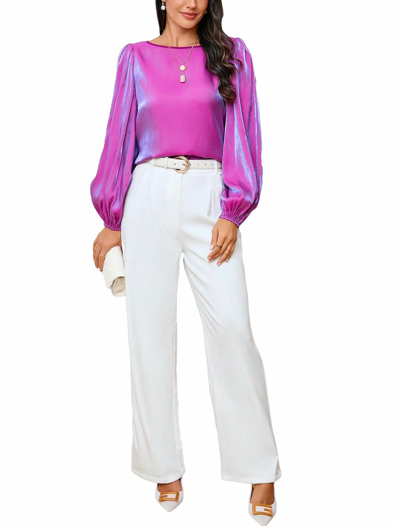 MakeMeChic Women's Satin Lantern Sleeve Round Neck Blouse Purple S Long Sleeve