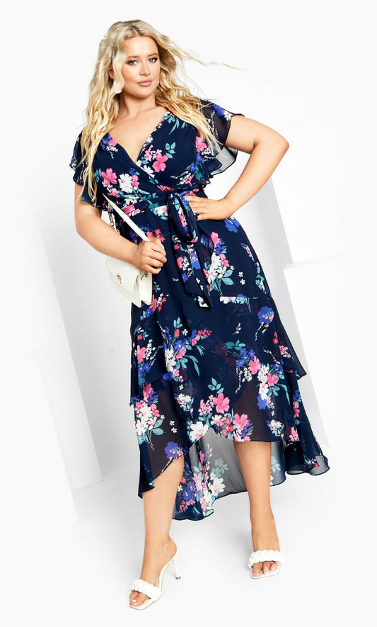 City Chic Plus Size Margot Print Maxi Dress Navy Lotte Bouquet Size 24 New