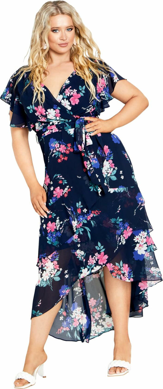 City Chic Plus Size Margot Print Maxi Dress Navy Lotte Bouquet Size 24 New