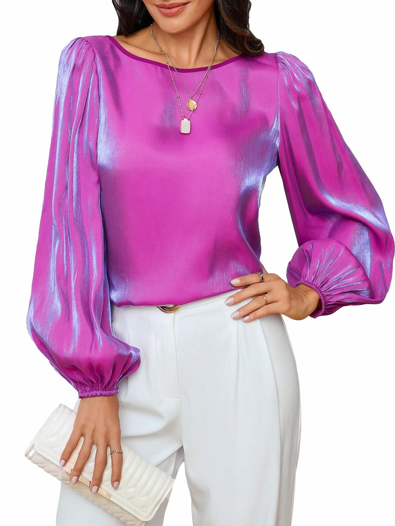 MakeMeChic Women's Satin Lantern Sleeve Round Neck Blouse Purple S Long Sleeve