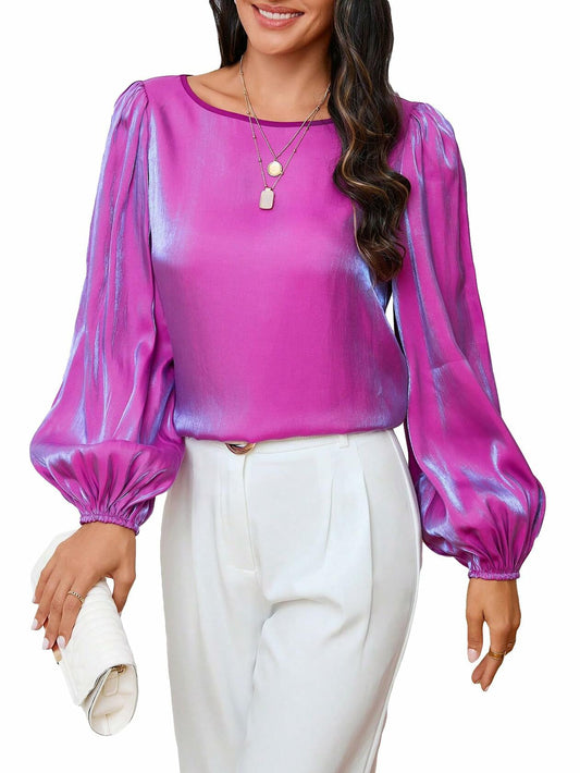 MakeMeChic Women's Satin Lantern Sleeve Round Neck Blouse Purple S Long Sleeve
