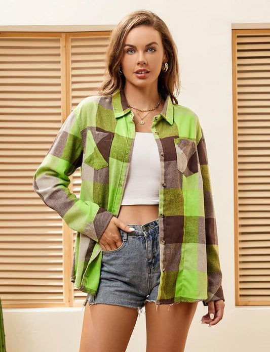 Damipow Women's Flannel Shirt Long Sleeve Light Green Size 2XL