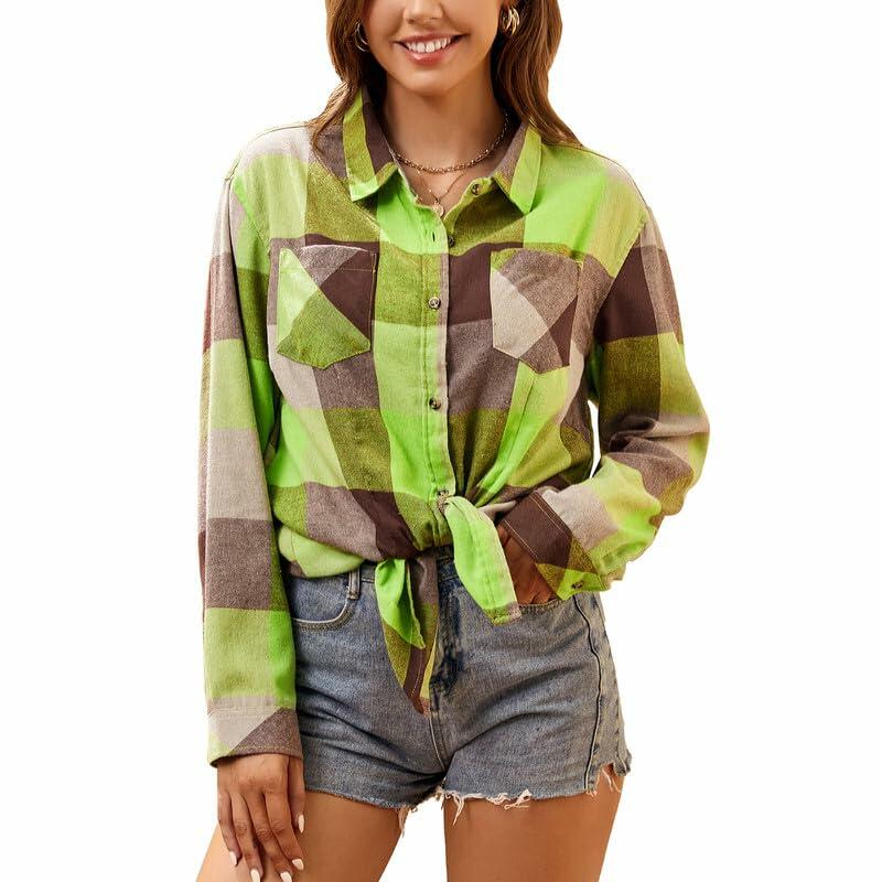Damipow Women's Flannel Shirt Long Sleeve Light Green Size 2XL