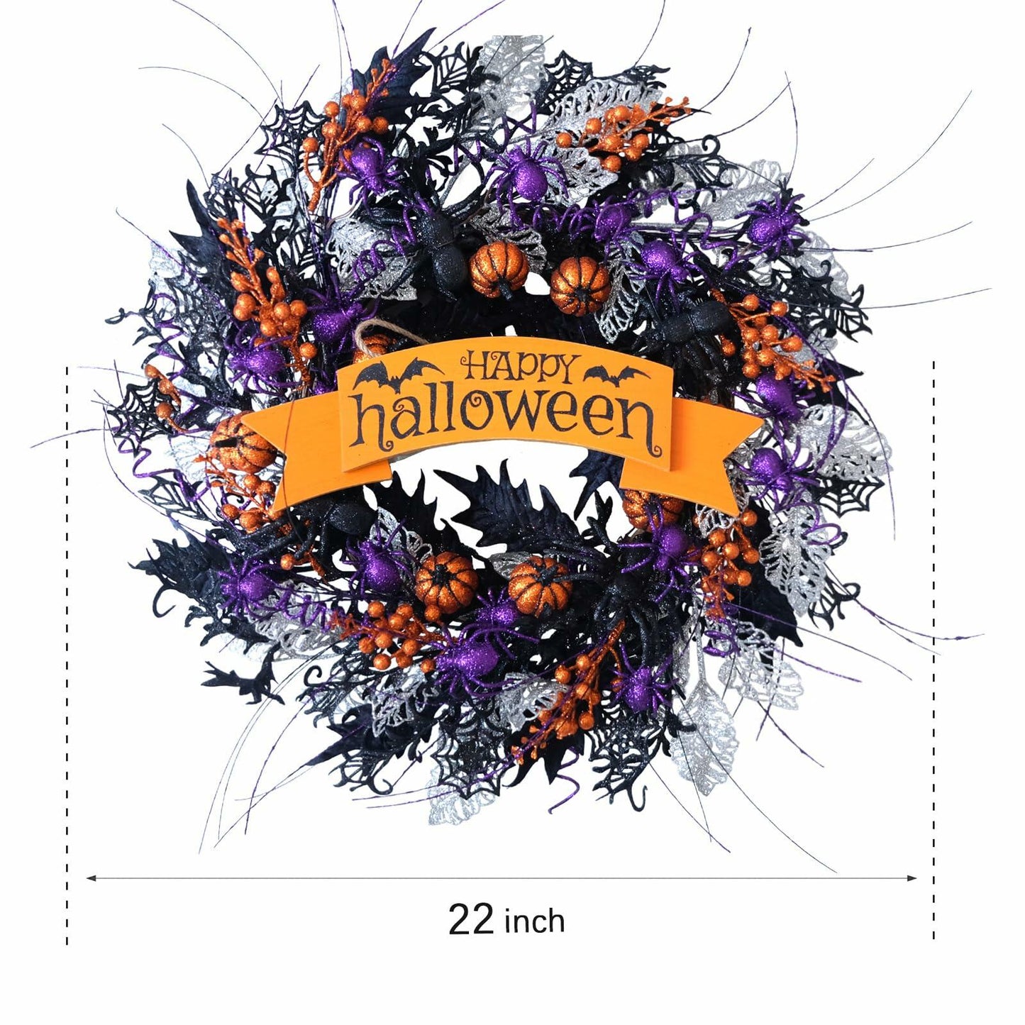 22in Glitter Pumpkin Spider Wreath Black Orange Berries Halloween Decor