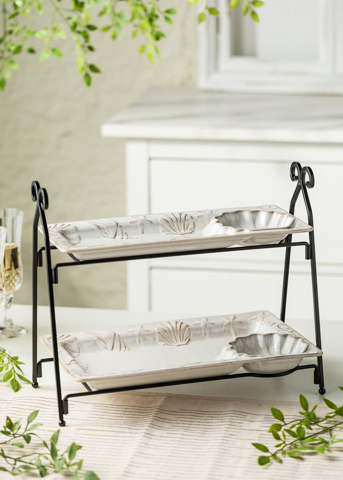 Shell Rectangle Chip and Dip Serving Set Black Tiered Tray Dessert Display