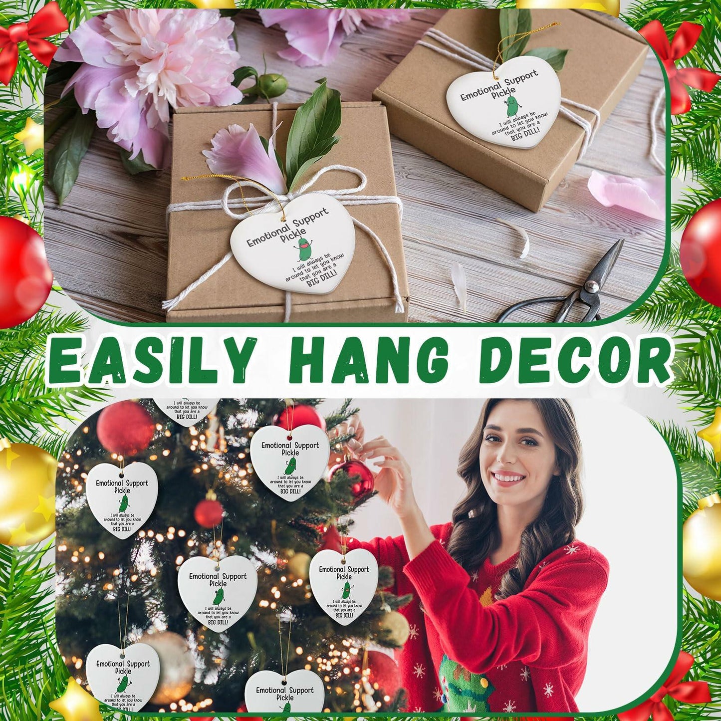 Tioncy Emotional Support Pickle Ceramic Ornaments Double Sided Heart 24 Pack