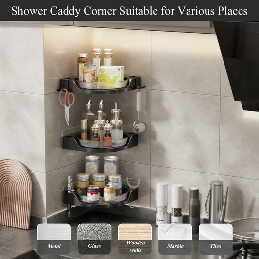 JNFUZ Corner Shower Caddy 360° Rotating Adhesive Organizer No Drilling