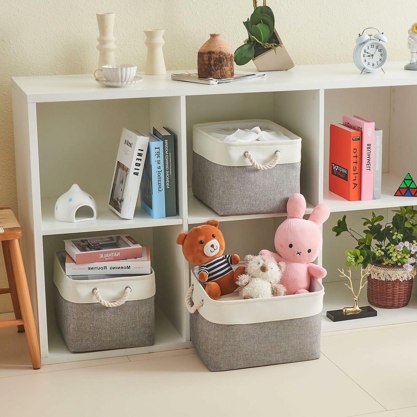 HOdo Home 3PCS Fabric Storage Bins 15x11x9.5in White Grey Collapsible Cubes