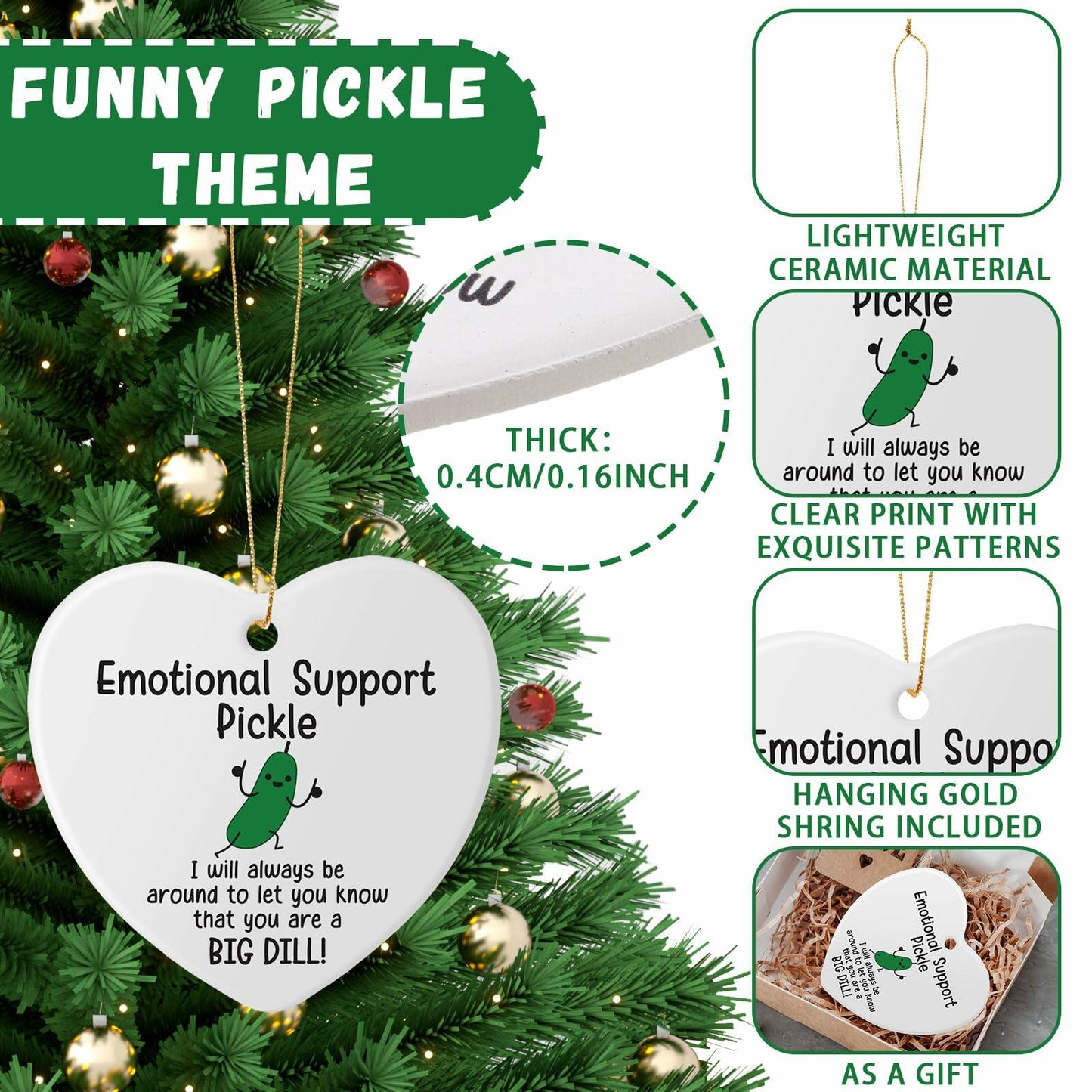 Tioncy Emotional Support Pickle Ceramic Ornaments Double Sided Heart 24 Pack