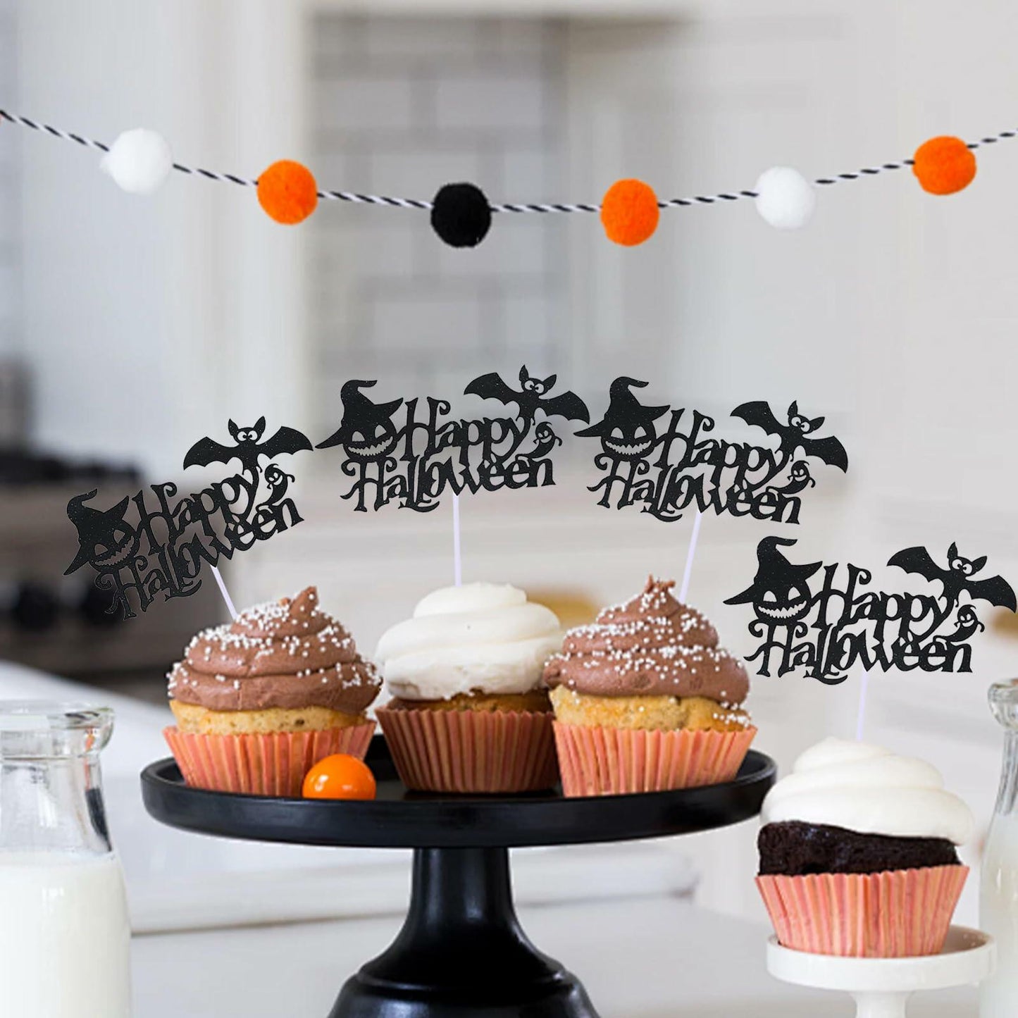 Totelux Halloween Cake Toppers 10Pcs Black Pumpkin Bat Ghost Glitter