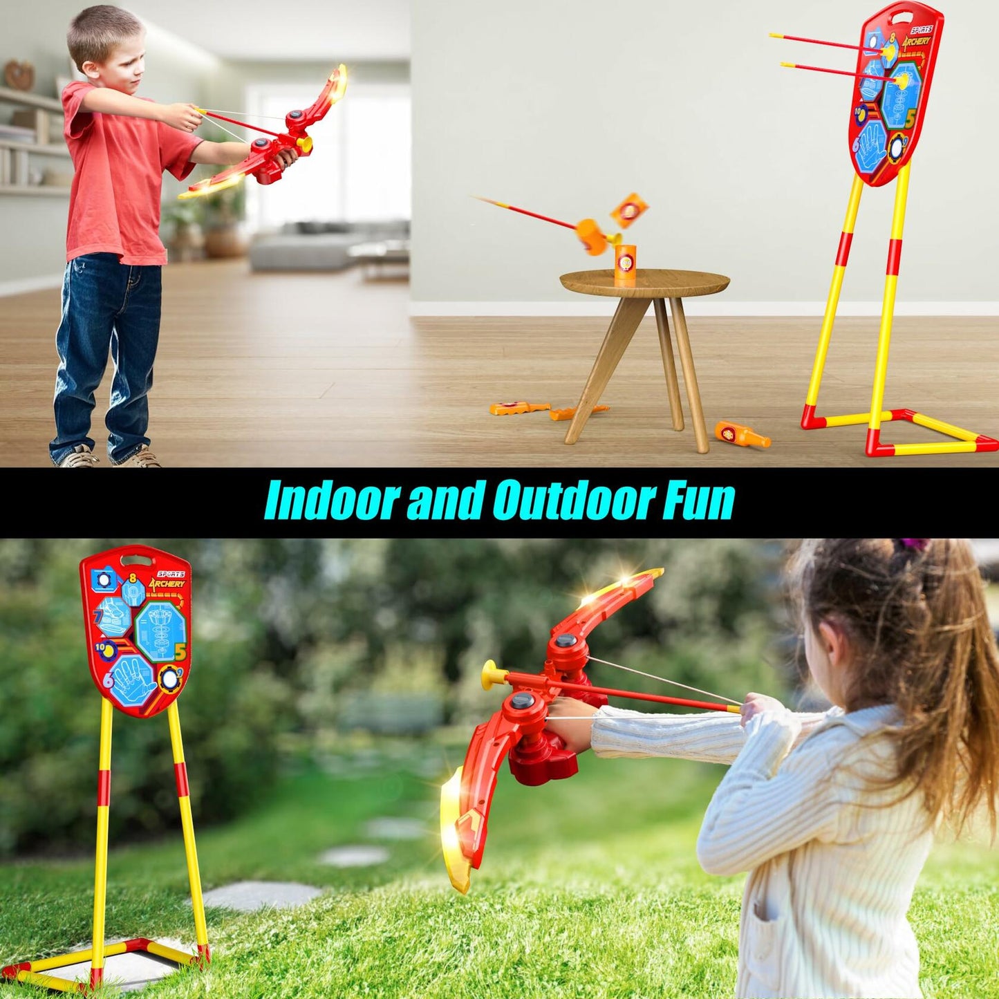 Archery Shield Toy Set LED Light Up Bow Arrow 10 Suction Cup Arrows Target