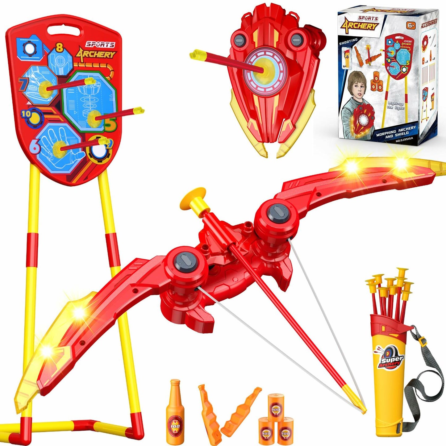 Archery Shield Toy Set LED Light Up Bow Arrow 10 Suction Cup Arrows Target