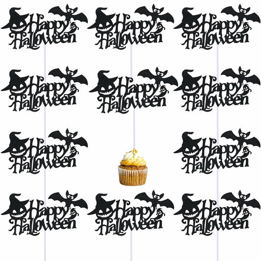 Totelux Halloween Cake Toppers 10Pcs Black Pumpkin Bat Ghost Glitter