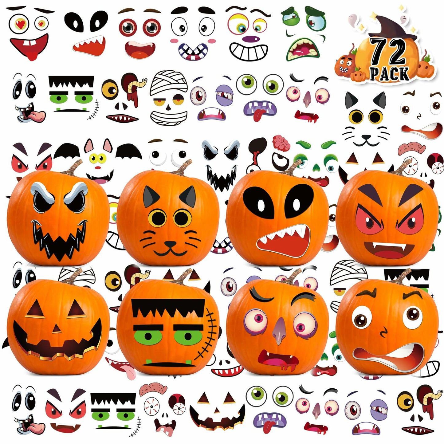 LINAYE Halloween Pumpkin Face Stickers Small Mini 72 PCS Decorating Kit