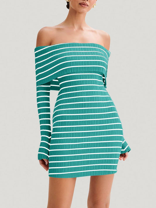 Wenrine Womens Off Shoulder Knit Mini Dress Blue Bodycon Long Sleeve Size S