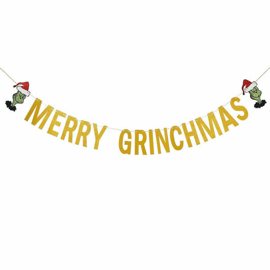Gold Merry Christmas Banner Holiday Decoration Whoville Xmas Banners