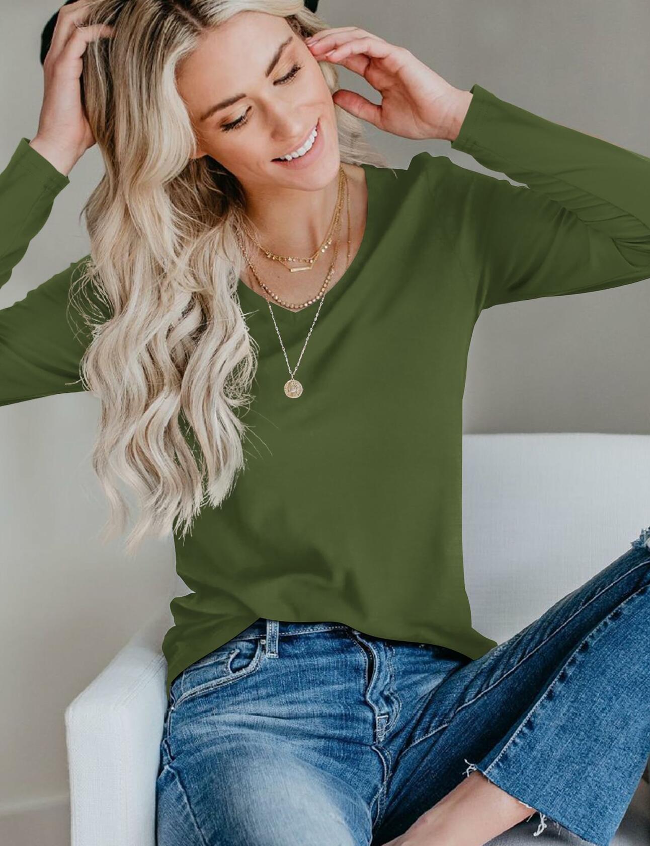 DittyandVibe Womens Long Sleeve V Neck Shirt Olive Green Size L