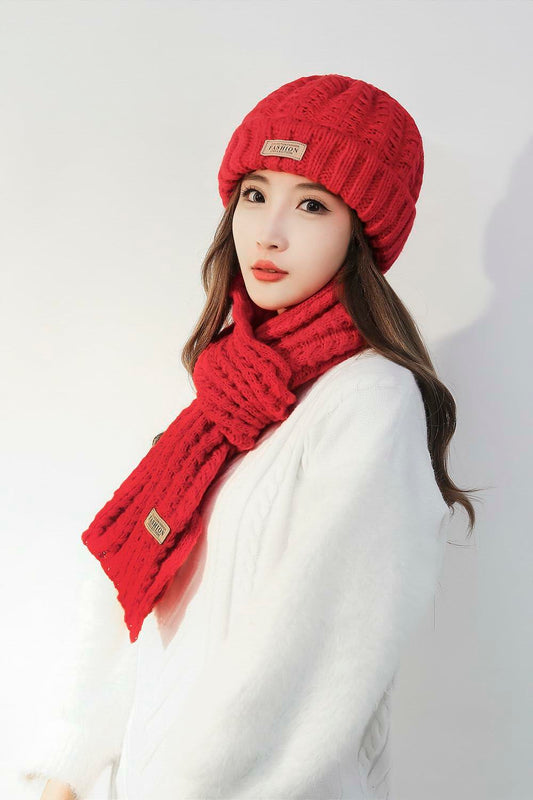 Wander Agio Women's Wool Knit Beanie & Scarf Set Thick Warm Red 6pc