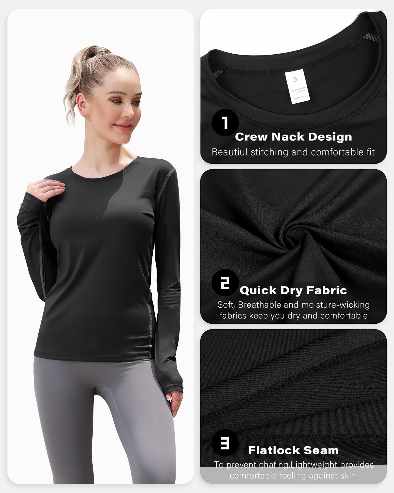 WANAYOU Women's Compression Dry Fit Long Sleeve Shirt 3 Pack Black Size S