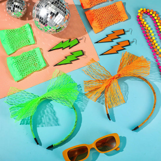 Maiteenly 80s Costume Accessories Set Lace Headband Neon Earrings Gloves