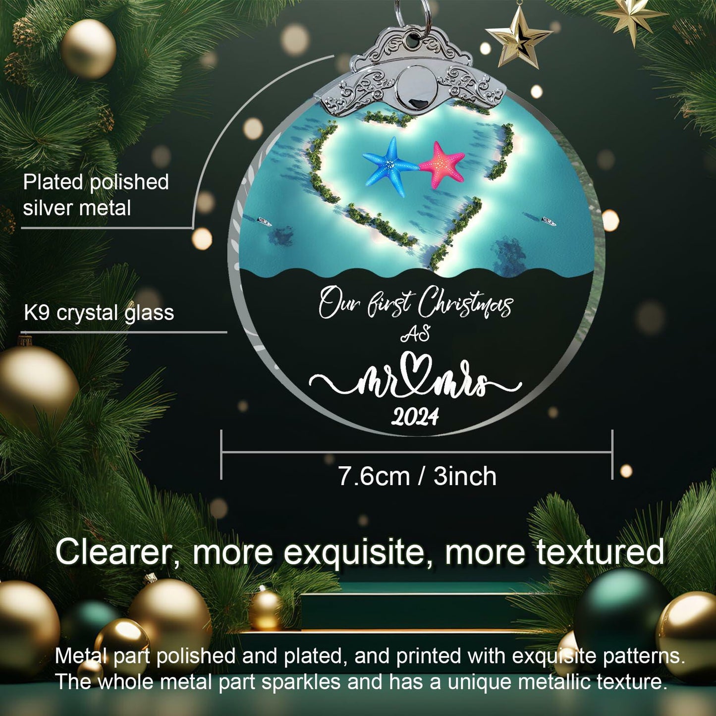 Just Married 3" Glass Ornament 2024 Wedding Couple Gift with Gift Box
