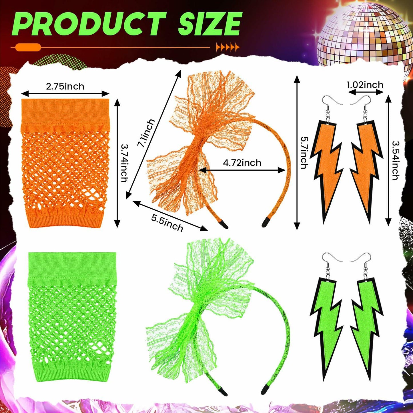 Maiteenly 80s Costume Accessories Purple Pink Neon Earrings Gloves 2 Sets