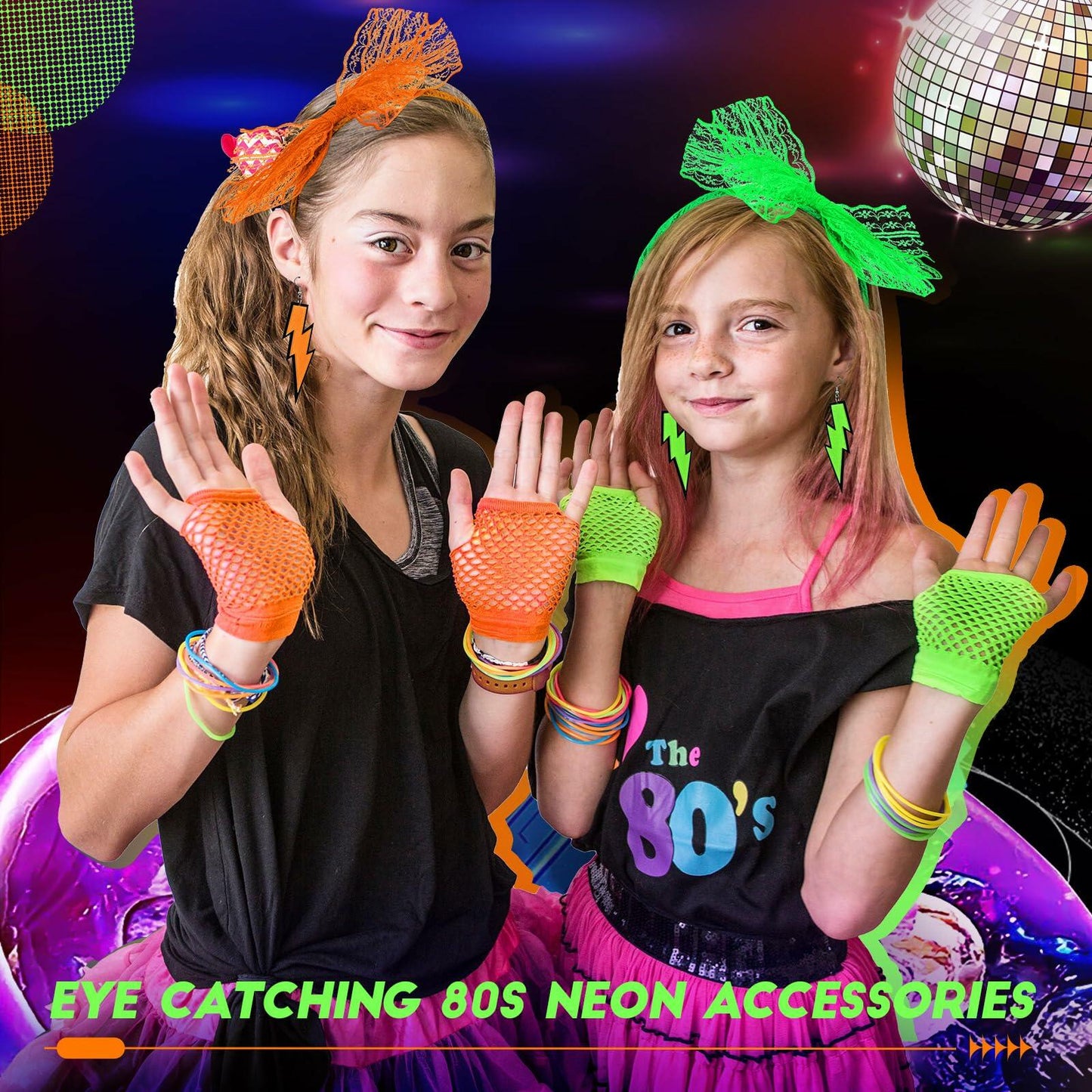 Maiteenly 80s Costume Accessories Purple Pink Neon Earrings Gloves 2 Sets