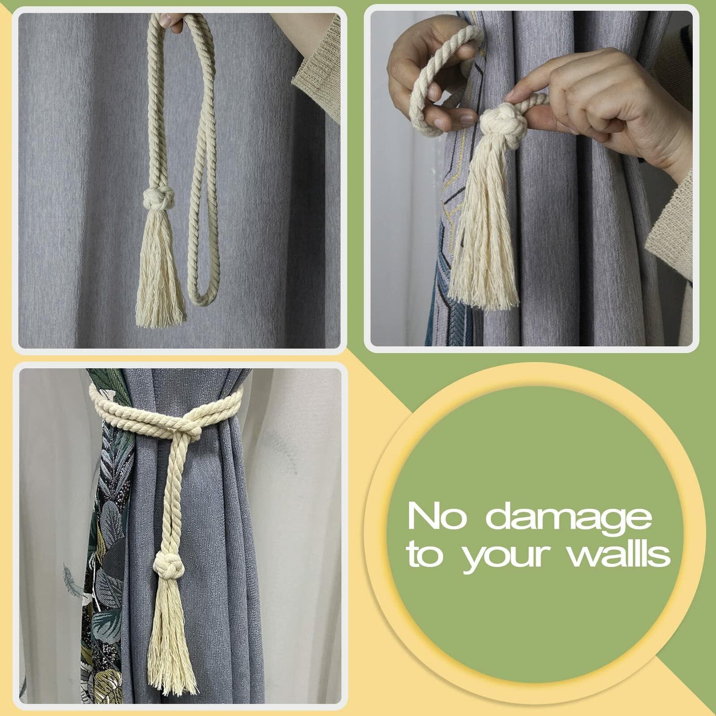 Rustic Cotton Rope Curtain Tiebacks Macrame Boho Style 4 Pack