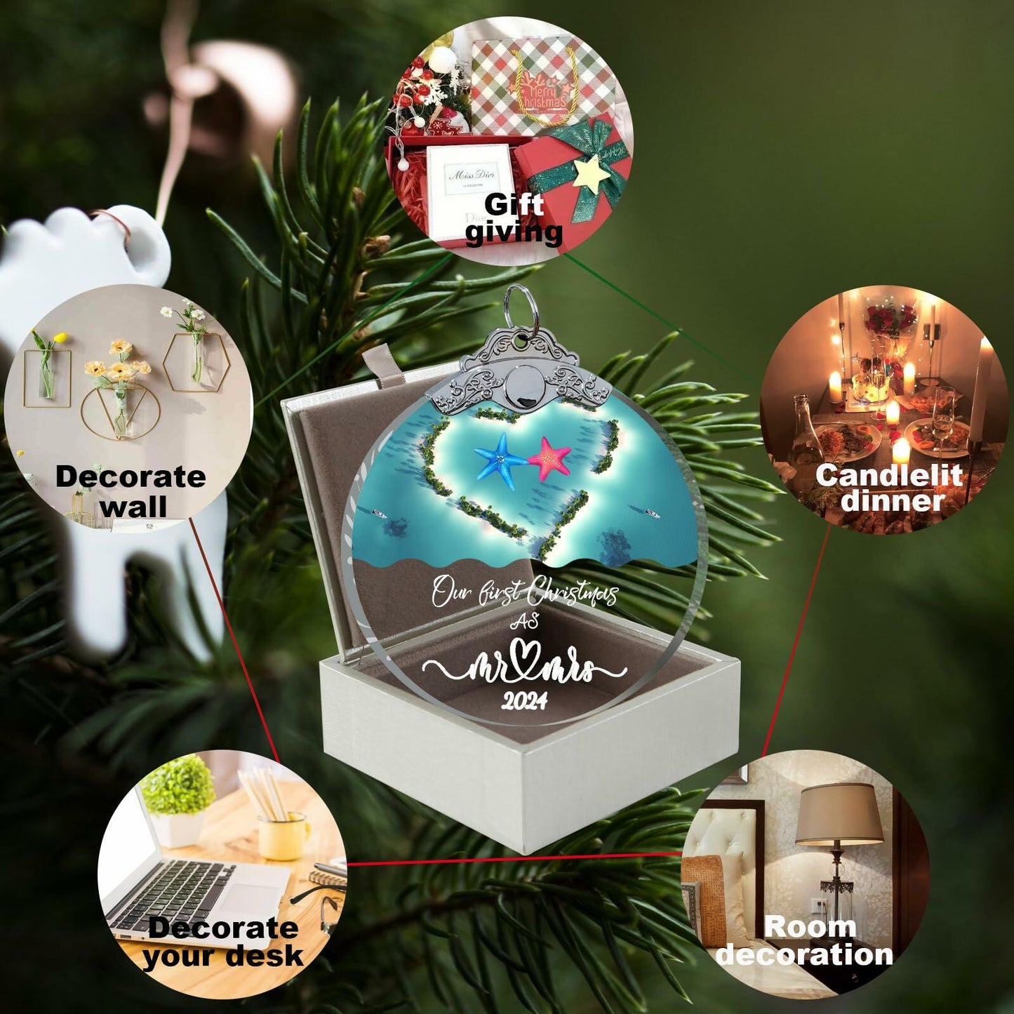 Just Married 3" Glass Ornament 2024 Wedding Couple Gift with Gift Box