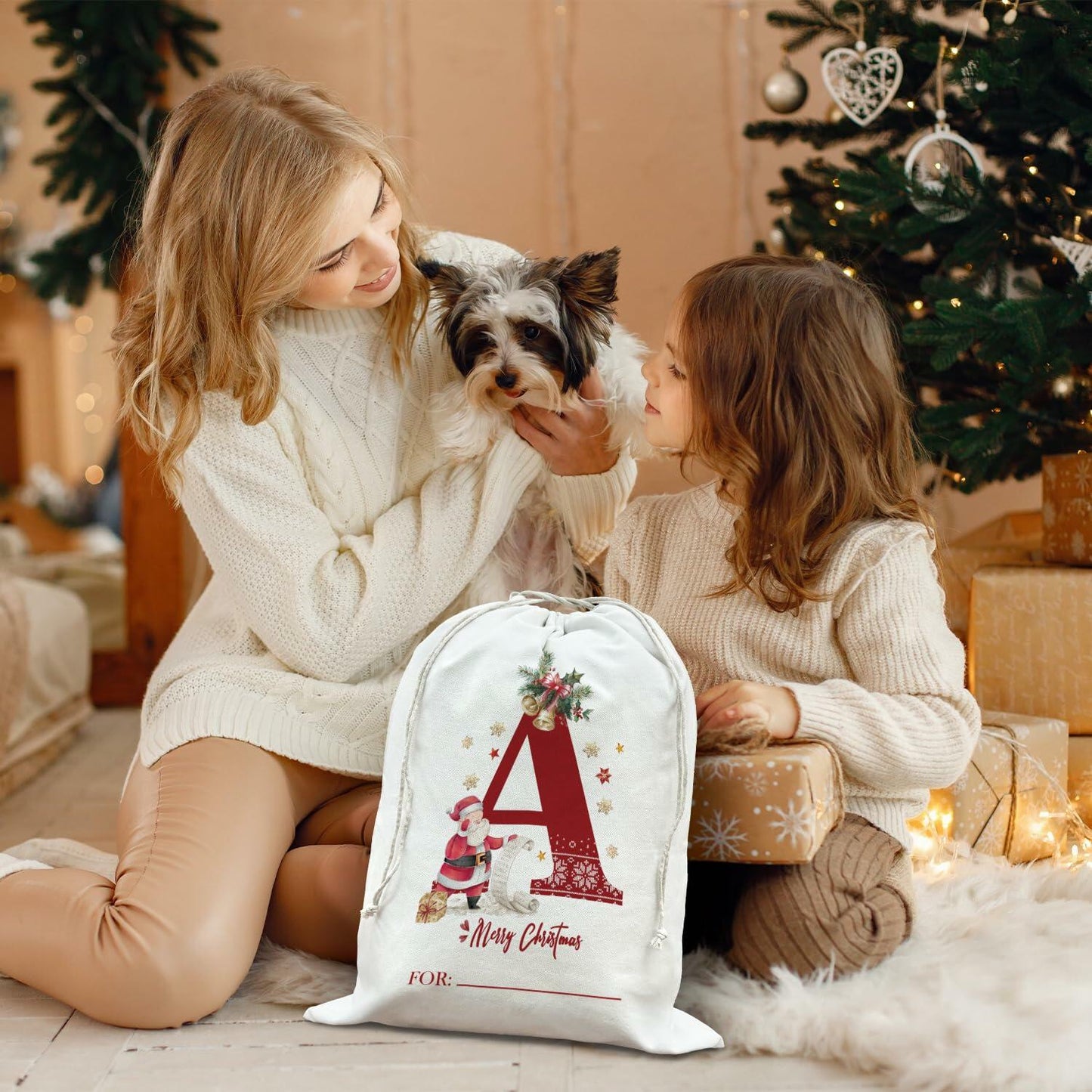 DSHFG Christmas Initial Personalized Drawstring Gift Bag for Women Red