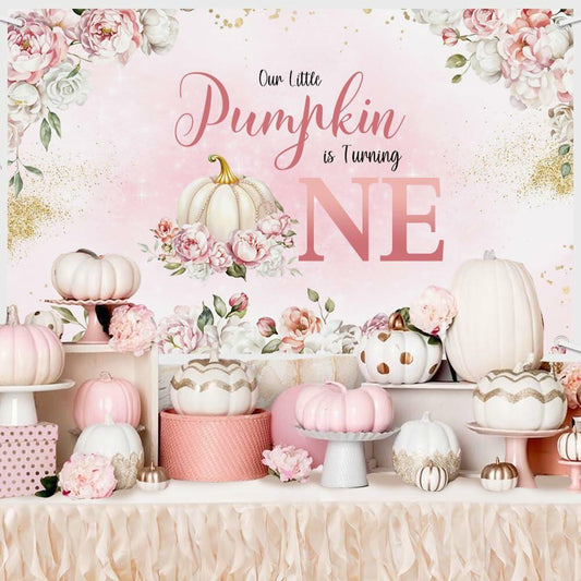 MEHOFOND Fall Pumpkin 1st Birthday Backdrop Banner Pastel Pink 70.8x43.3in