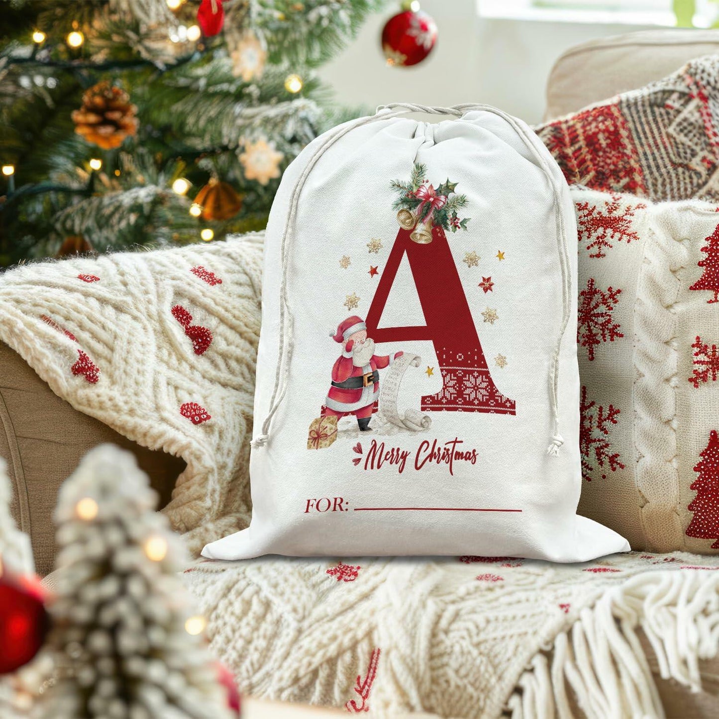 DSHFG Christmas Initial Personalized Drawstring Gift Bag for Women Red