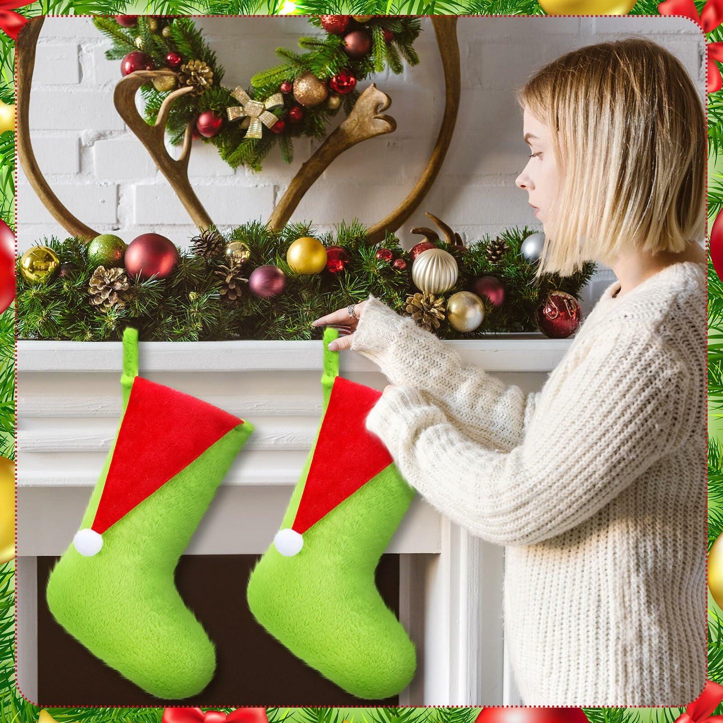 Lunmon 6pcs 18in Red Green Christmas Stockings Faux Fur Holiday Decor