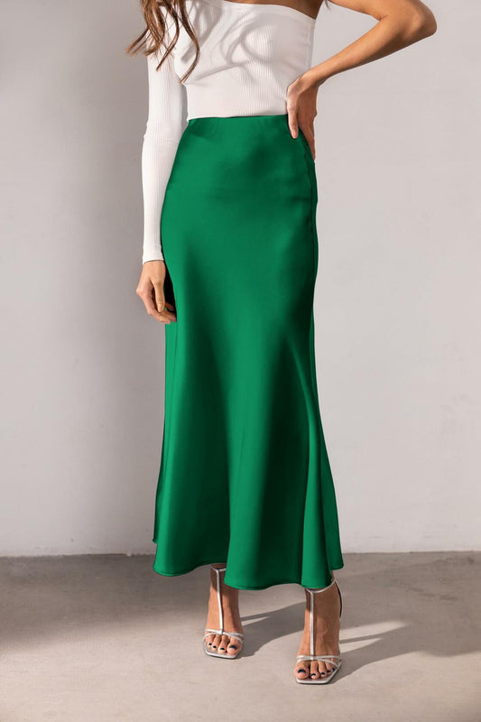 Amy Babe Satin Maxi Skirt Irish Green Elastic Waistband Size S