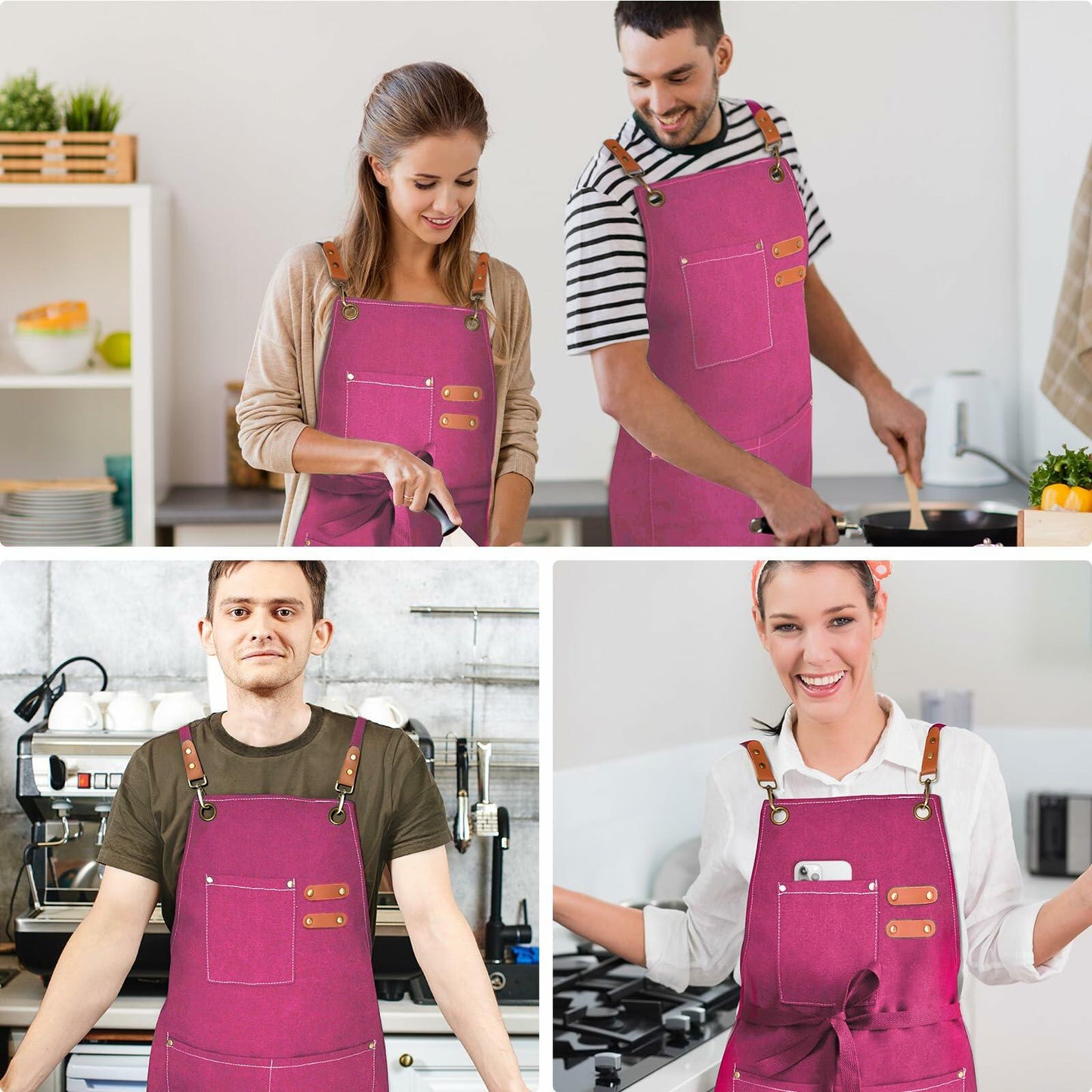 OUNLEN Chef Apron Pink Canvas Cross Back 3 Pockets Work Cooking BBQ