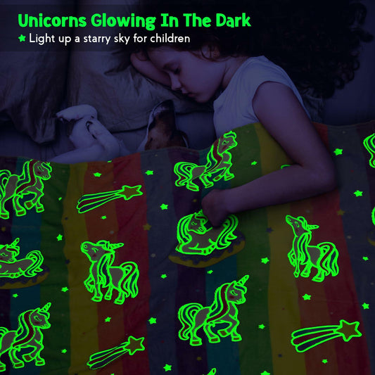 Unicorn Glow in The Dark Blanket 50x60 Colorful Throw for Kids Girls Size 50x60