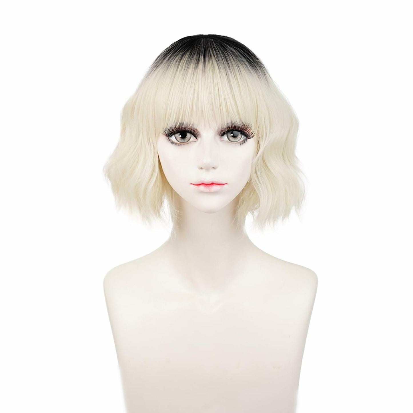 LABEAUTÉ Synthetic Short Wavy Blonde Black Ombre Bob Wig with Bangs