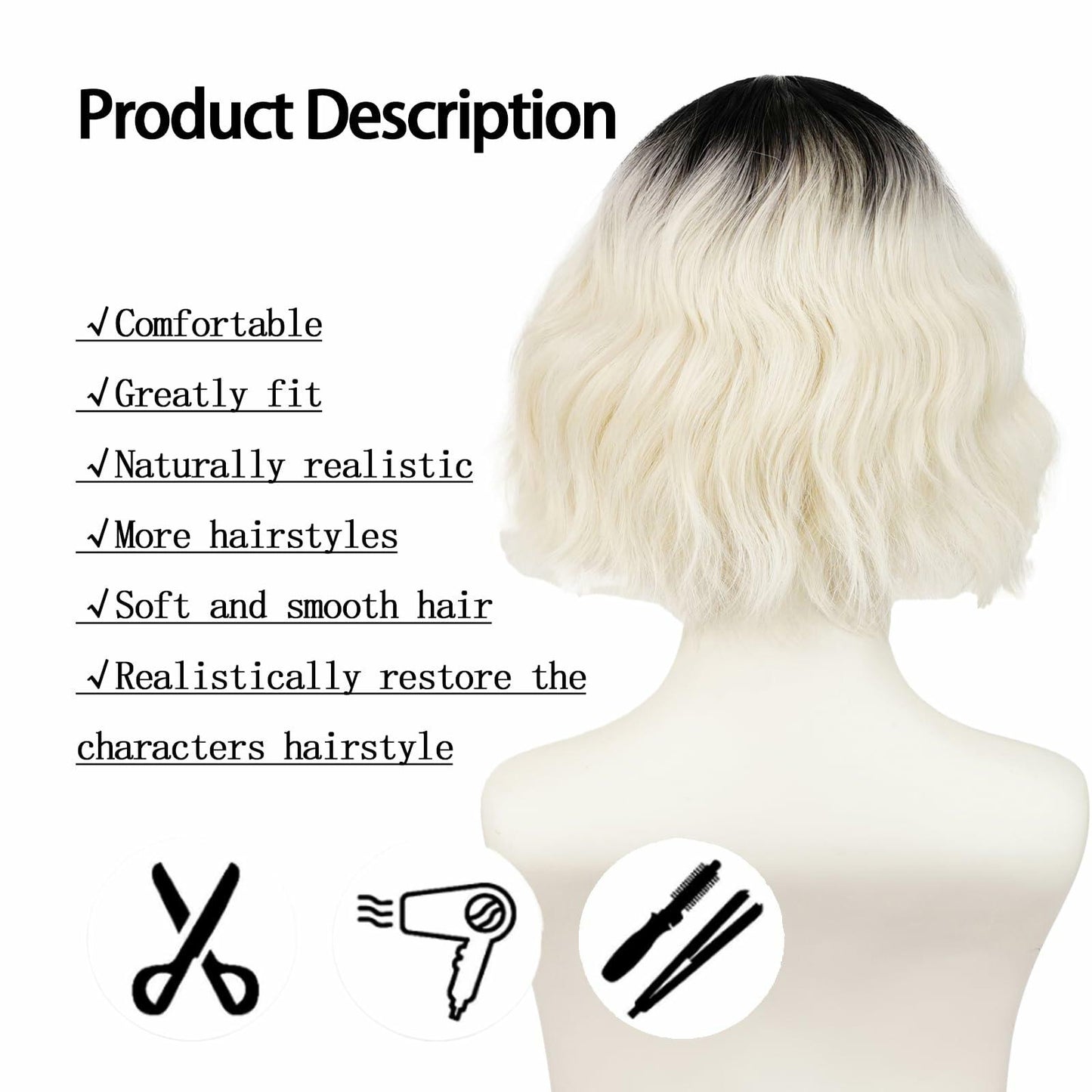 LABEAUTÉ Synthetic Short Wavy Blonde Black Ombre Bob Wig with Bangs