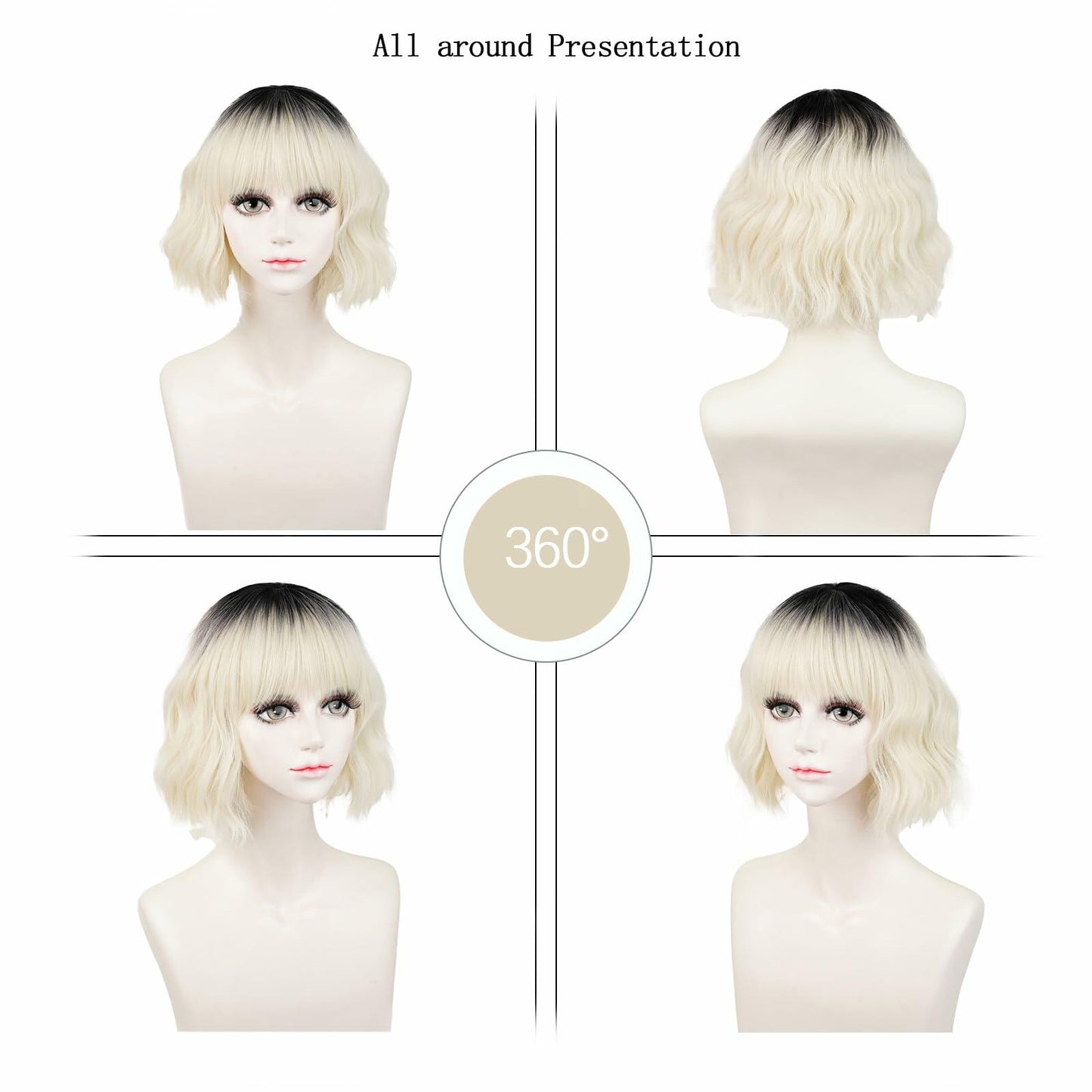 LABEAUTÉ Synthetic Short Wavy Blonde Black Ombre Bob Wig with Bangs
