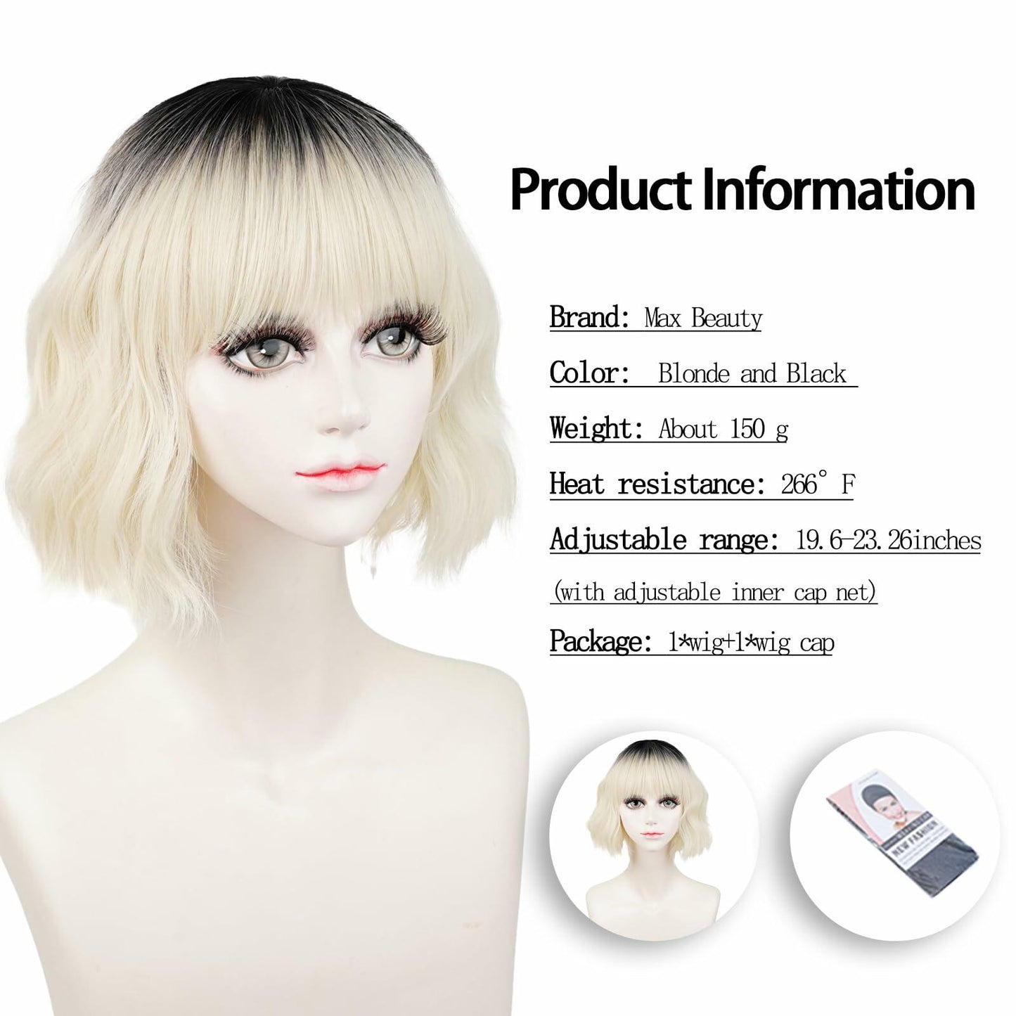 LABEAUTÉ Synthetic Short Wavy Blonde Black Ombre Bob Wig with Bangs