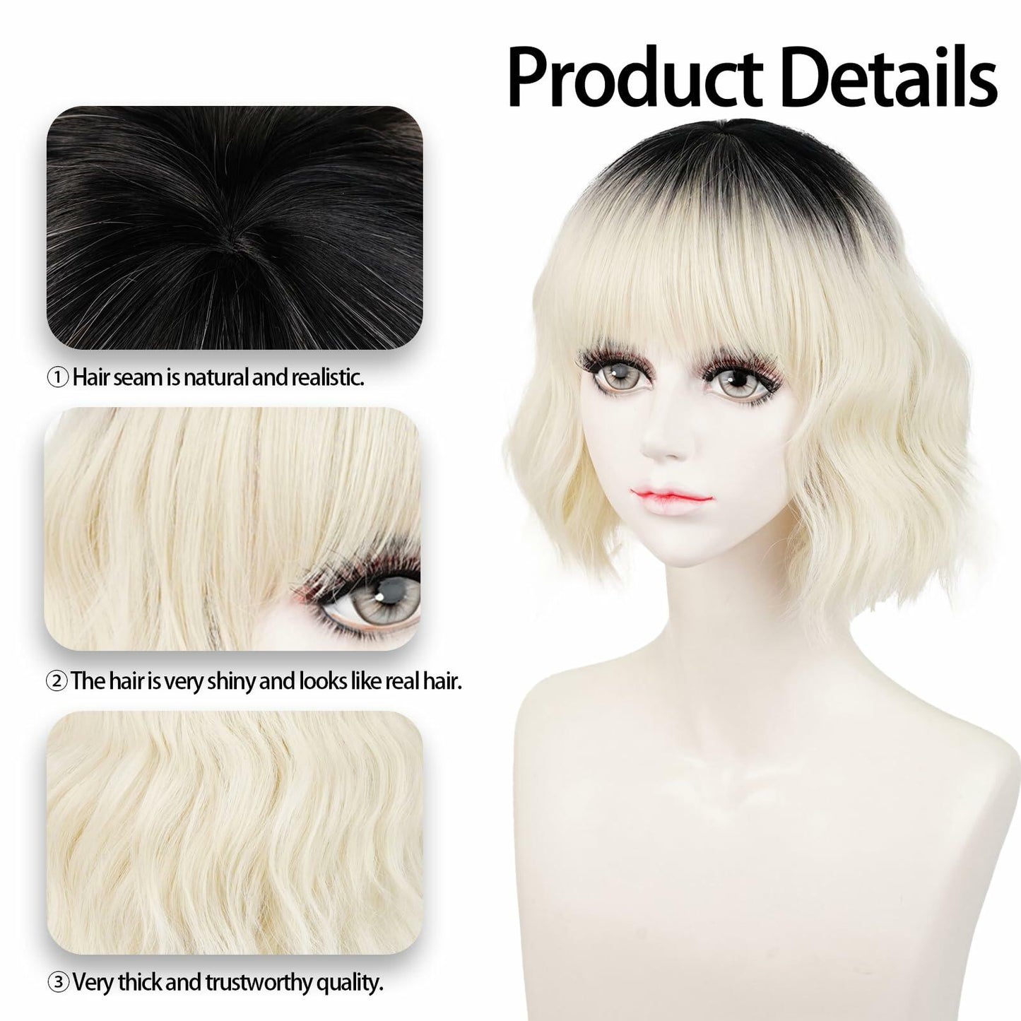 LABEAUTÉ Synthetic Short Wavy Blonde Black Ombre Bob Wig with Bangs